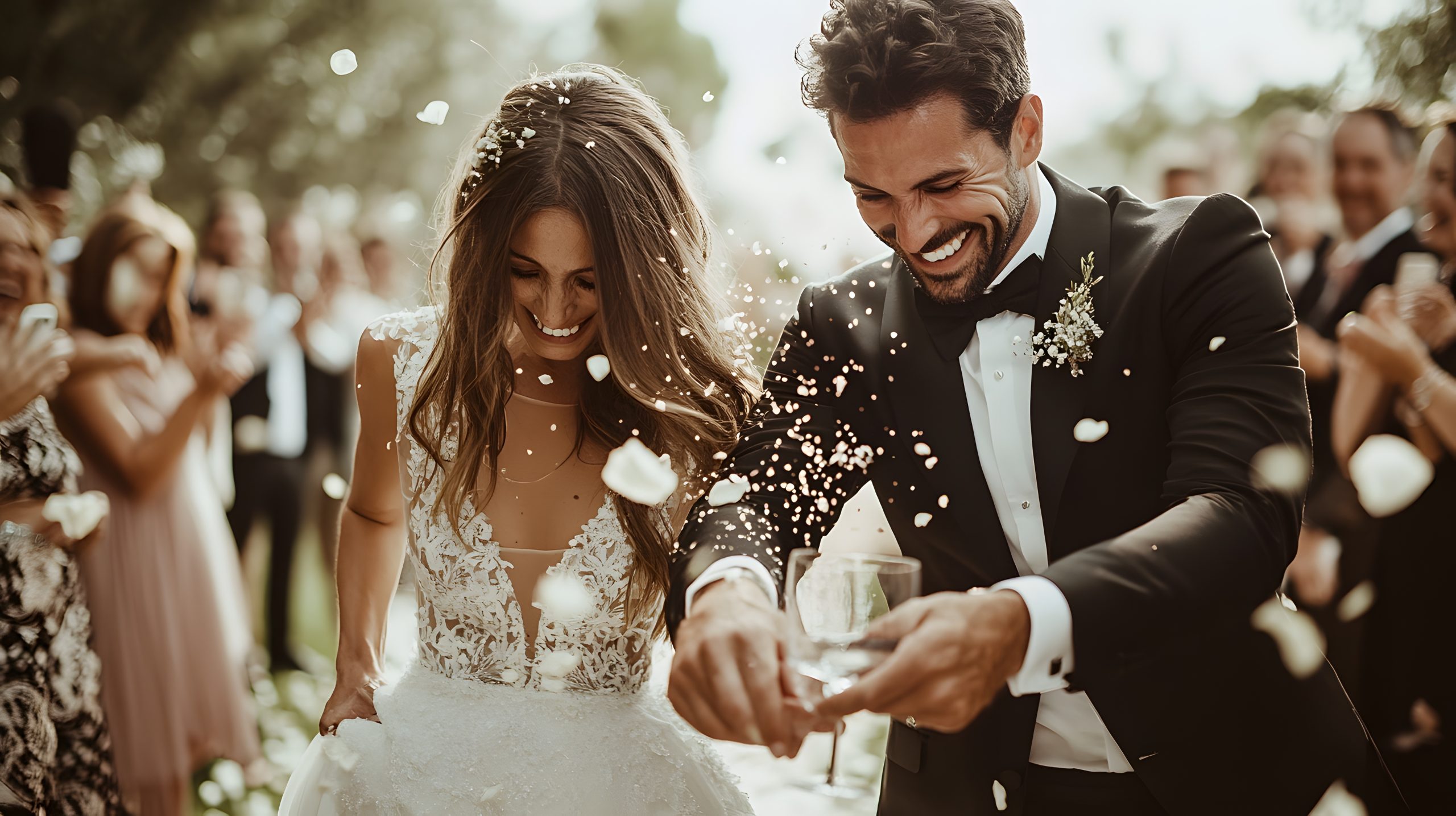 A joyful newlywed couple celebrates their wedding day, surrounded by guests as they showered in rose petals.